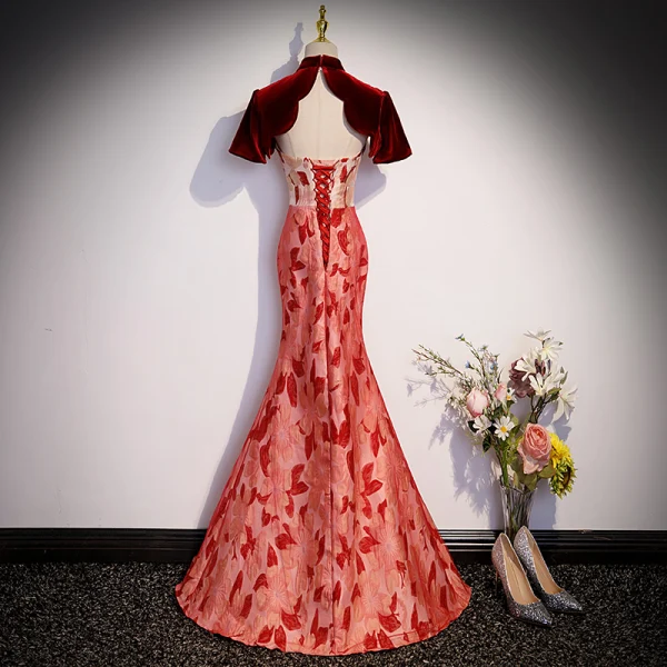 Charming Burgundy Split Front Printing Cheongsam Evening Dresses 2023 Trumpet / Mermaid High Neck Short Sleeve Backless Floor-Length / Long Evening Party Formal Dresses