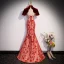 Charming Burgundy Split Front Printing Cheongsam Evening Dresses 2023 Trumpet / Mermaid High Neck Short Sleeve Backless Floor-Length / Long Evening Party Formal Dresses