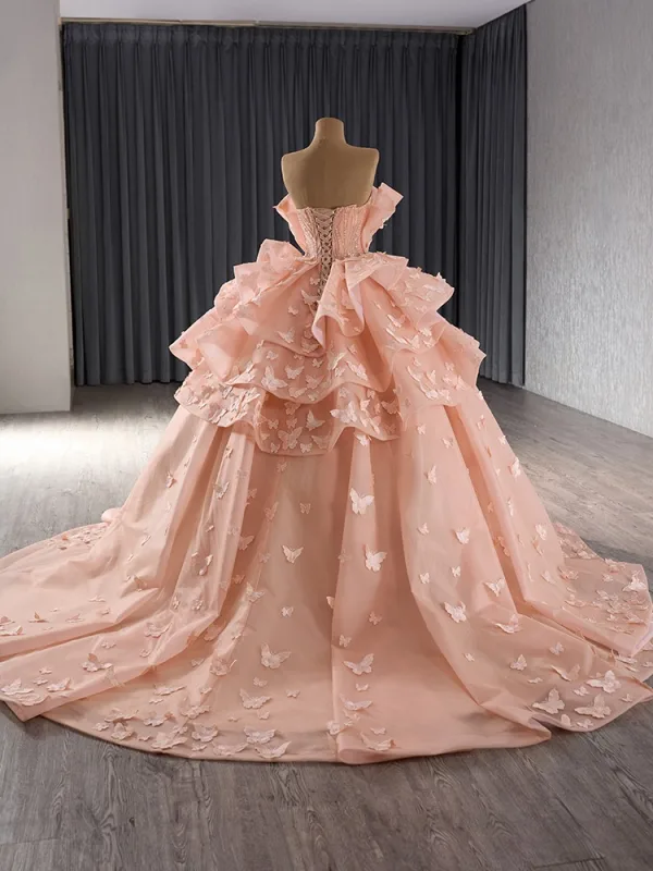 Fashion Luxury / Gorgeous Orange Butterfly Appliques Cascading Ruffles Prom Dresses 2024 Ball Gown Strapless Sleeveless Backless Chapel Train Prom Formal Dresses