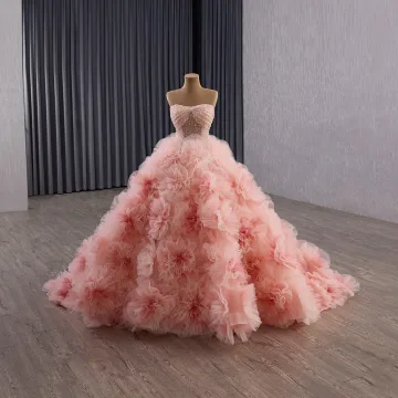 Luxe Bloemenfee Blozen Roze Handgemaakt Kralen Parel Pailletten Appliques Galajurken 2025 Baljurk Strapless Mouwloos Ruglooze Chapel Train