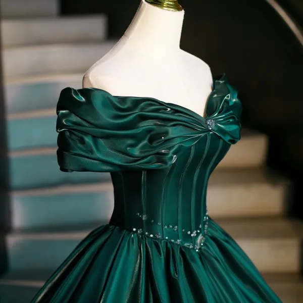 Vintage / Retro Dark Green Prom Dresses 2026 Ball Gown Off-The-Shoulder Short Sleeve Backless Floor-Length / Long Formal Dresses