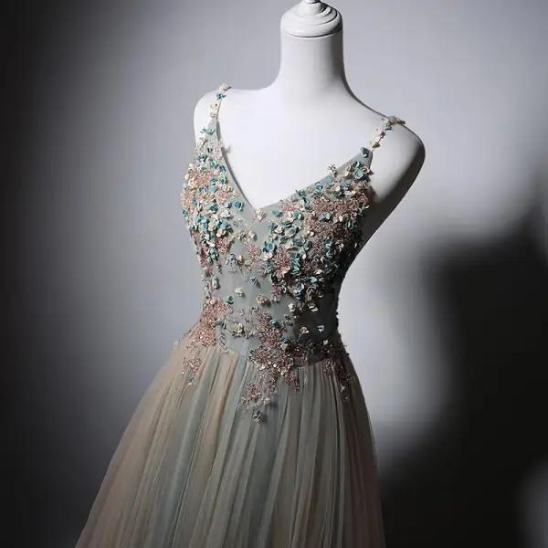 Elegant Multi-Colors Beading Appliques Prom Dresses 2025 A-Line / Princess Spaghetti Straps Sleeveless Backless Floor-Length / Long Prom Formal Dresses