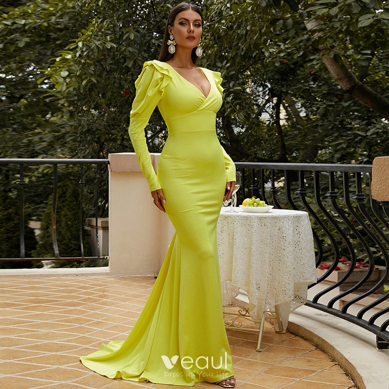 Sexy Yellow Evening Dresses 2022 Trumpet / Mermaid V-Neck Long Sleeve Sweep  Train Evening Party Formal