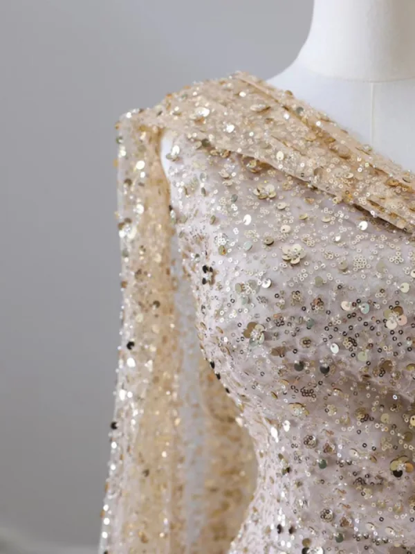 Scintillantes Champagne Paillettes Perlage Fendue devant Robe De Soirée 2024 Trompette / Sirène Une épaule Sans Manches Dos Nu Train De Balayage Robe De Ceremonie