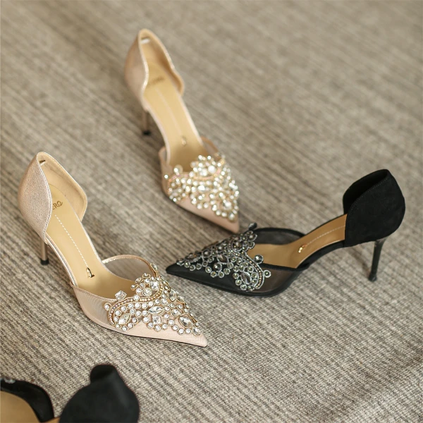 Chic / Beautiful Gold Rhinestone Wedding Shoes 2022 7 cm Stiletto Heels Pointed Toe Wedding Womens Shoes High Heels