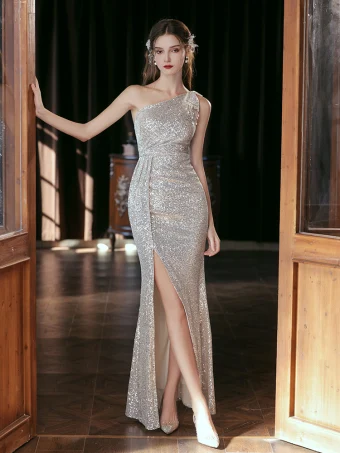 Sparkly Silver Beading Sequins Split Front Evening Dresses 2024 Trumpet Mermaid One Shoulder Sleeveless Backless Floor Length Long Evening Party Formal Dresses
