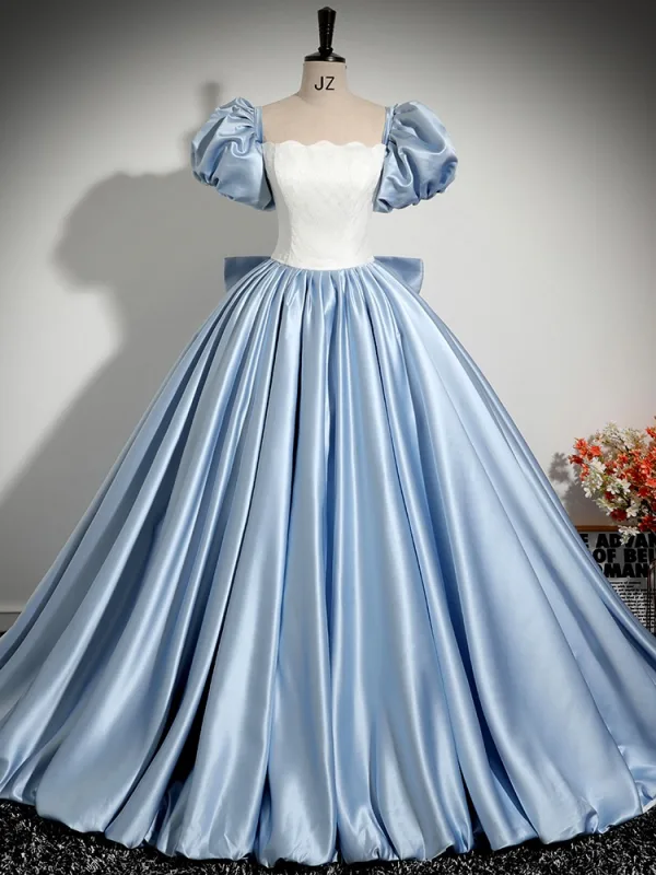 Elegant Sky Blue Satin Prom Dresses 2024 Ball Gown Square Neckline Puffy Short Sleeve Backless Bow Floor-Length / Long Prom Formal Dresses