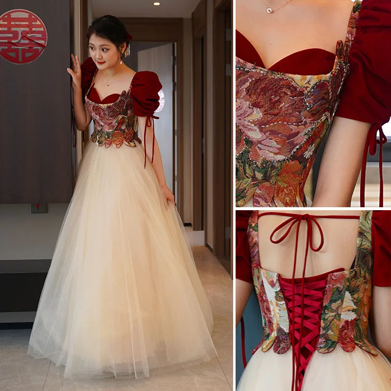 green emerald velvet dress Andrea & Leo A1289 Floral Embroidered A-Line Dress 2 / Champagne (Wheat)
