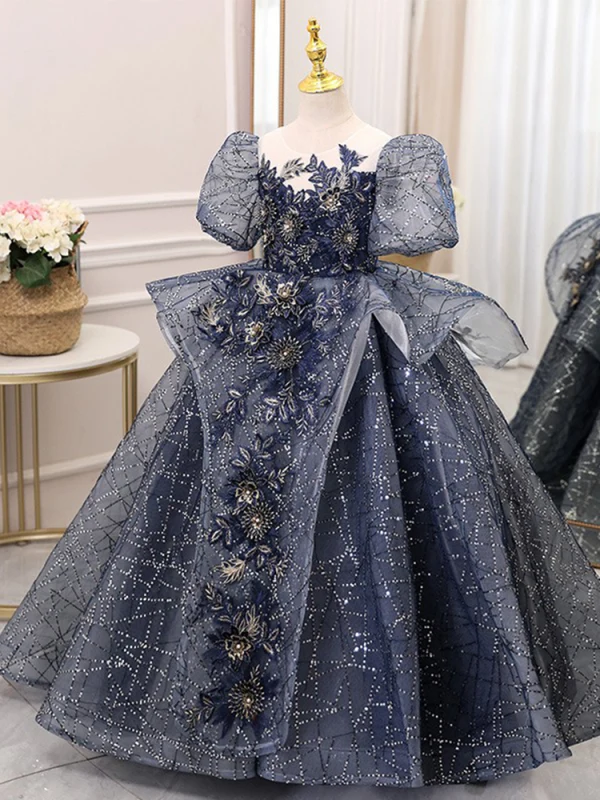 Vintage / Originale Bleu Marine Faux Diamant Paillettes En Dentelle Fleur Anniversaire Robe Ceremonie Fille 2024 Robe Boule Encolure Dégagée Manches Courtes Dos Nu Noeud Longue