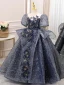 Vintage / Originale Bleu Marine Faux Diamant Paillettes En Dentelle Fleur Anniversaire Robe Ceremonie Fille 2024 Robe Boule Encolure Dégagée Manches Courtes Dos Nu Noeud Longue