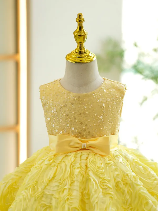 Lovely Yellow Beading Pearl Sequins Short Birthday Flower Girl Dresses 2023 Scoop Neck Ball Gown Sleeveless Backless Bow