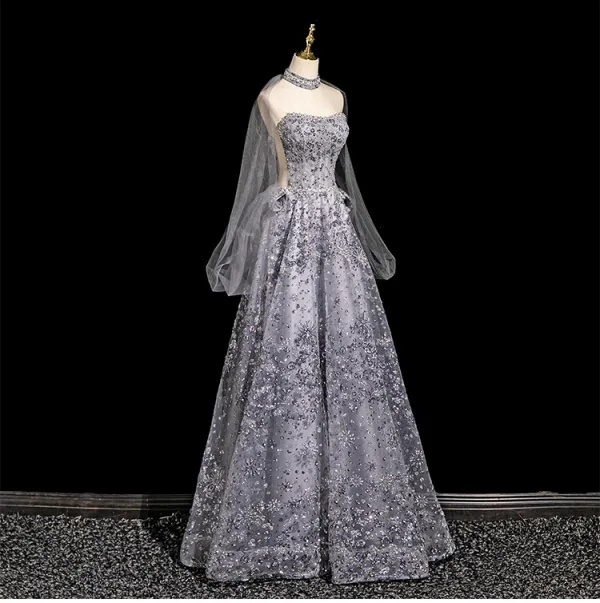 Glamorous Grey Beading Pearl Glitter Sequins Evening Dresses 2025 A-Line / Princess Strapless Sleeveless Backless Floor-Length / Long Evening Party Formal Dresses