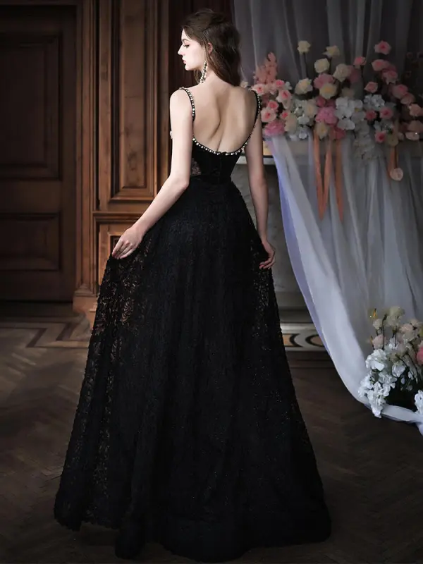 Charmant Noire Faux Diamant En Dentelle Fleur Robe De Soirée 2026 Princesse Bretelles Spaghetti Sans Manches Dos Nu Longue Soirée Robe De Ceremonie