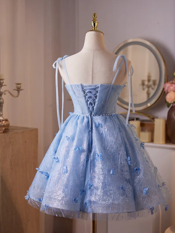 Chic / Belle Bleu Ciel Papillon Glitter Perle Paillettes Anniversaire Courte Robe De Fête 2025 Robe Boule Bretelles Spaghetti Sans Manches Dos Nu Robe De Ceremonie