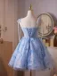 Chic / Belle Bleu Ciel Papillon Glitter Perle Paillettes Anniversaire Courte Robe De Fête 2025 Robe Boule Bretelles Spaghetti Sans Manches Dos Nu Robe De Ceremonie