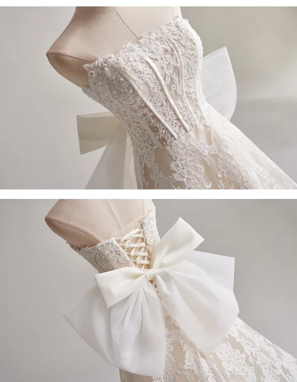 Vintage / Retro White Pearl Lace Flower Wedding Dresses 2025 A-Line / Princess Strapless Sleeveless Backless Bow Floor-Length / Long