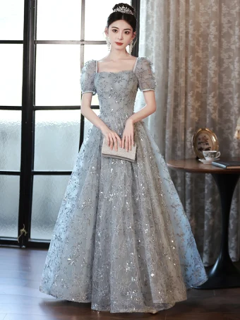 Charmant Gris Perlage Faux Diamant Paillettes Robe De Bal 2024 Princesse Encolure Carrée Manches Courtes Dos Nu Longue Promo Robe De Ceremonie