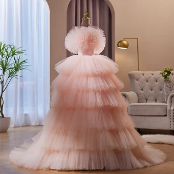 Charmant Rougissant Rose Volants En Cascade Percé Robe De Soirée 2023 Robe Boule Bustier Sans Manches Dos Nu Tribunal Train Soirée Robe De Ceremonie