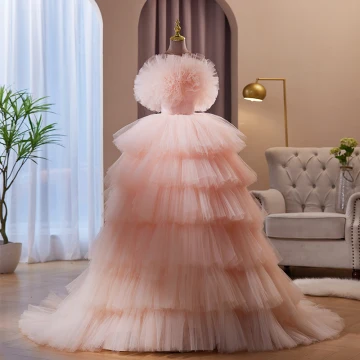 Charmant Rougissant Rose Volants En Cascade Percé Robe De Soirée 2023 Robe Boule Bustier Sans Manches Dos Nu Tribunal Train Soirée Robe De Ceremonie