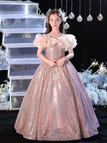 Sparkly Blushing Pink Pearl Sequins Birthday Flower Girl Dresses 2024 A Line Princess Scoop Neck Ruffle Short Sleeve Backless Floor Length Long
