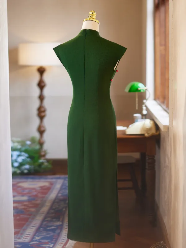 Vintage Ciemnozielony Wieczorowe Cheongsam 2025 Syrena / Rozkloszowane Wysokiej Szyi Bez Rękawów Długie Cheongsam
