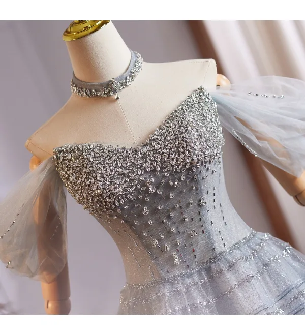 Bling Bling Grey Beading Rhinestone Sequins Prom Dresses 2025 Ball Gown Off-The-Shoulder Sleeveless Backless Floor-Length / Long Formal Dresses