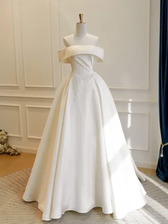 Vintage Retro White Lace Flower Satin Wedding Dresses 2026 Ball Gown Off The Shoulder Short Sleeve Backless Floor Length Long