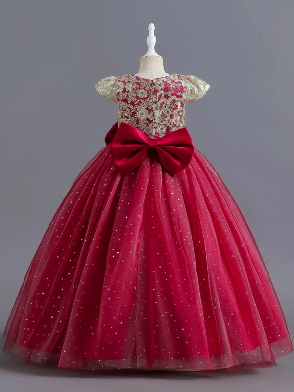 Chic / Belle Bordeaux Paillettes En Dentelle Fleur Anniversaire Robe Ceremonie Fille 2024 Robe Boule Encolure Dégagée Mancherons Noeud Ceinture Longue