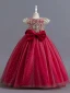 Chic / Belle Bordeaux Paillettes En Dentelle Fleur Anniversaire Robe Ceremonie Fille 2024 Robe Boule Encolure Dégagée Mancherons Noeud Ceinture Longue