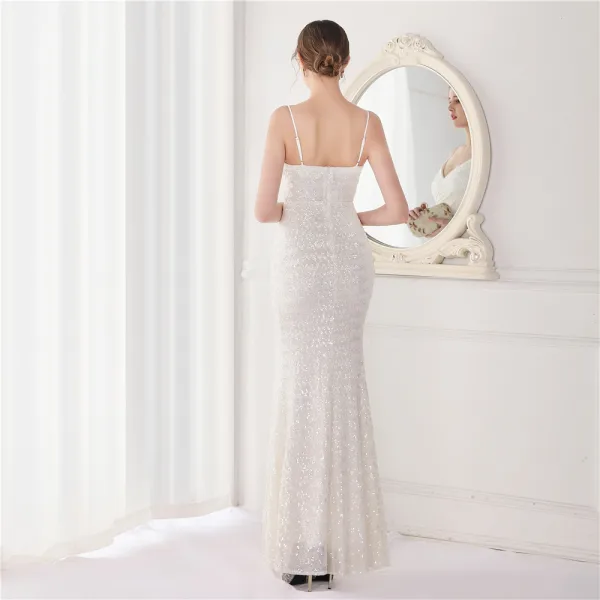 Sexy Beige Paillettes Robe De Soirée 2022 Trompette / Sirène Bretelles Spaghetti Sans Manches Dos Nu Longue Soirée Robe De Ceremonie