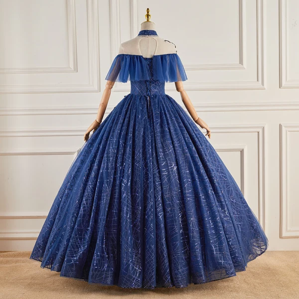 Vintage / Retro Navy Blue Beading Sequins Lace Flower Prom Dresses 2023 Ball Gown High Neck Short Sleeve Backless Floor-Length / Long Prom Formal Dresses