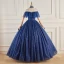 Vintage / Retro Navy Blue Beading Sequins Lace Flower Prom Dresses 2023 Ball Gown High Neck Short Sleeve Backless Floor-Length / Long Prom Formal Dresses