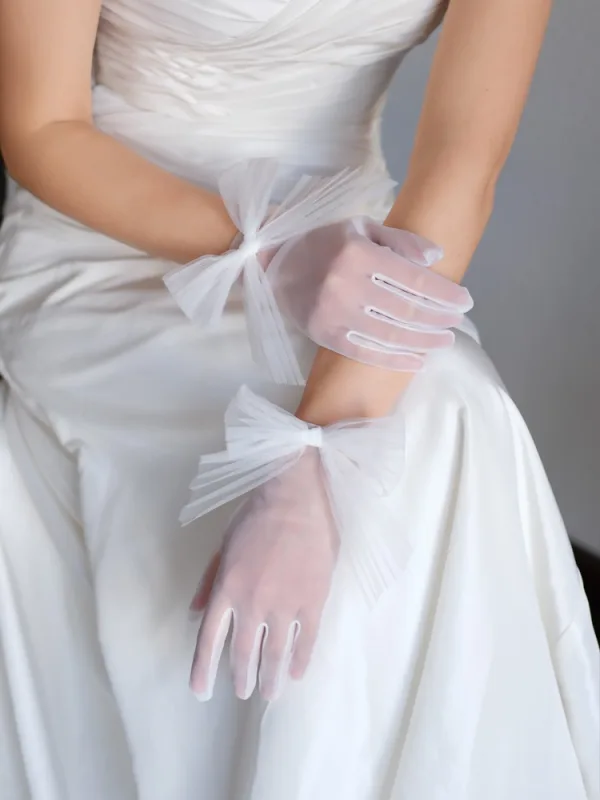 Chic / Belle Blanche Volants Noeud Mariage Gants Mariage 2025 Tulle