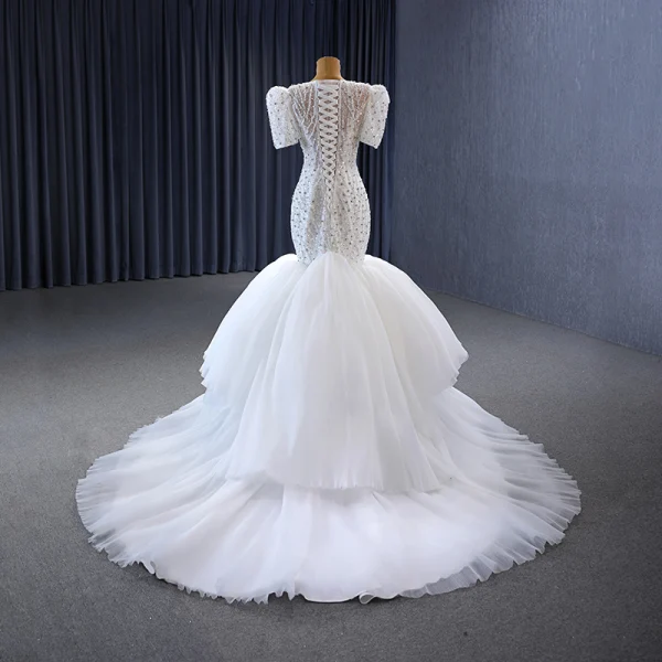 High-end White Handmade  Beading Pearl Sequins Wedding Dresses 2023 Trumpet / Mermaid Scoop Neck Short Sleeve Court Train Wedding