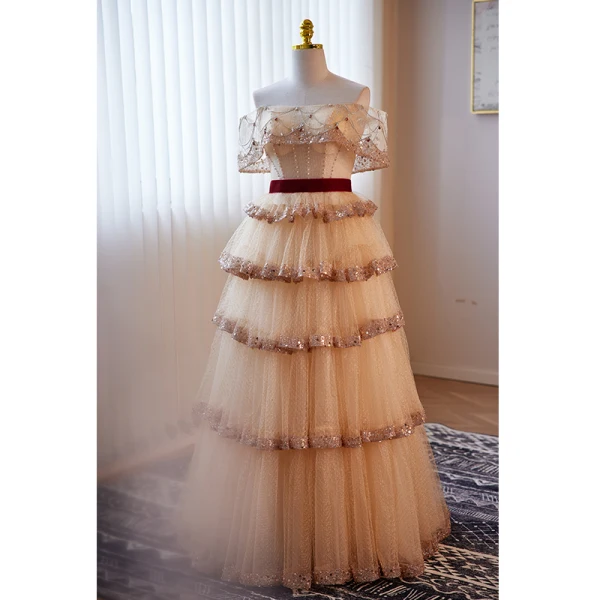 Charming Gold Beading Pearl Rhinestone Prom Dresses 2023 A-Line / Princess Off-The-Shoulder Short Sleeve Backless Floor-Length / Long Formal Dresses