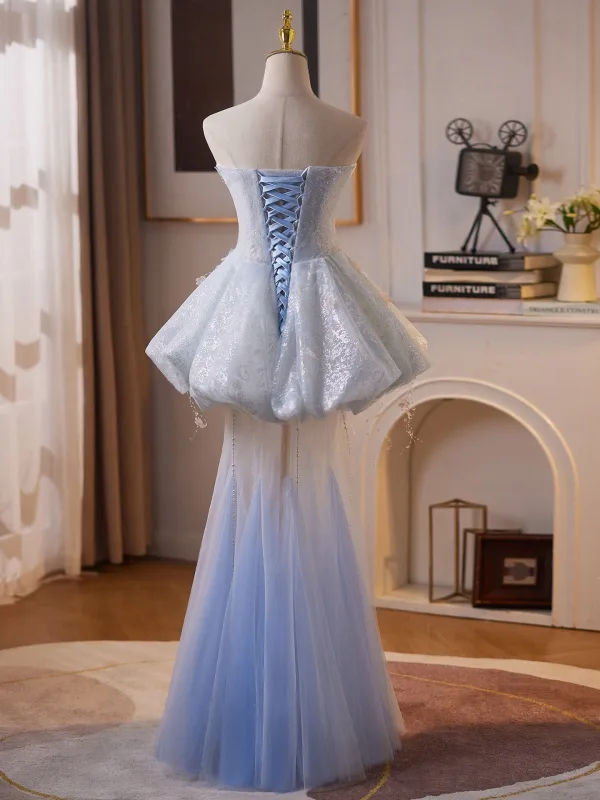 Sexy Sky Blue Beading Lace Flower Appliques Pearl Evening Dresses 2026 Trumpet / Mermaid Strapless Sleeveless Backless Floor-Length / Long Formal Dresses