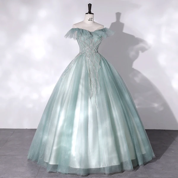 Mode Vert Robe De Bal 2022 Robe Boule De l'épaule Sans Manches Dos Nu Perlage Paillettes Longue Promo Robe De Ceremonie