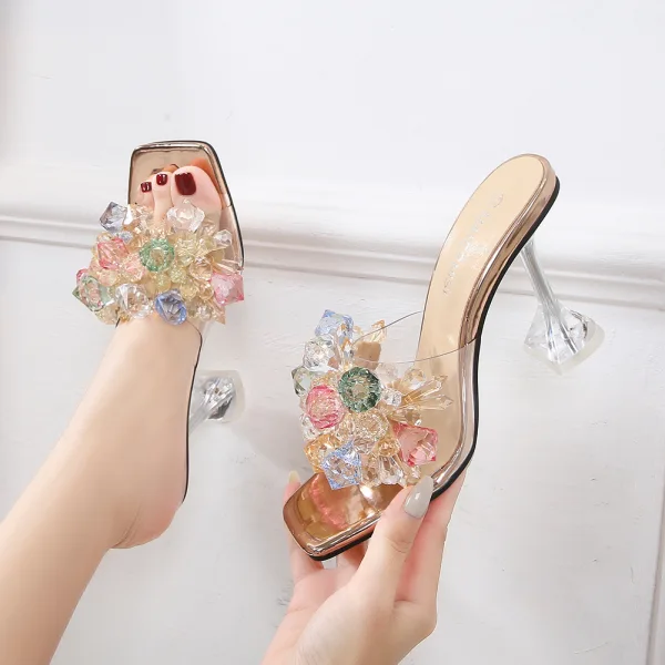 Sexy Gold Crystal Cocktail Party Womens Sandals 2023 9 cm Stiletto Heels Open / Peep Toe Sandals High Heels