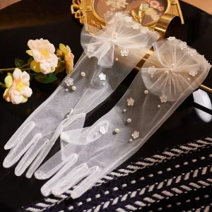 Mode Blanche Fleur Perle Tulle Mariage Gants Mariage 2026