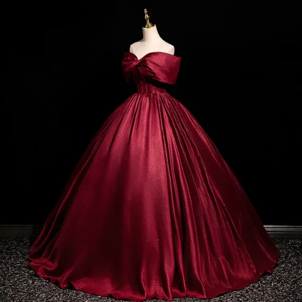 Elegant Burgundy Prom Dresses 2025 Ball Gown Bow Off-The-Shoulder Short Sleeve Backless Floor-Length / Long Prom Formal Dresses