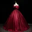 Elegant Burgundy Prom Dresses 2025 Ball Gown Bow Off-The-Shoulder Short Sleeve Backless Floor-Length / Long Prom Formal Dresses