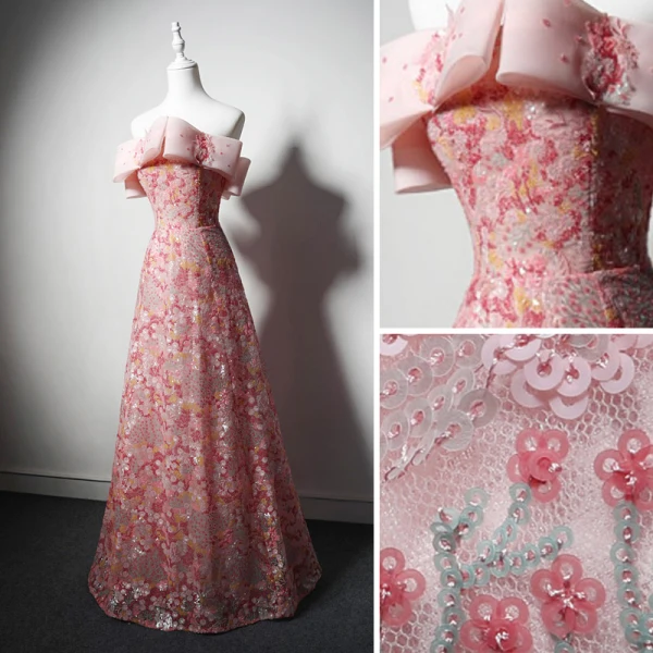 Glitzernden Rosa Perlenstickerei Pailletten Abendkleider 2023 A Linie Bandeau Ärmellos Rückenfreies Lange Abend Festliche Kleider