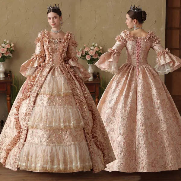 Vintage / Originale Médiévale Gothique Rougissant Rose Perle Paillettes Faux Diamant Robe De Bal 2024 Robe Boule Encolure Carrée Manches de cloche Longue Promo Robe De Ceremonie