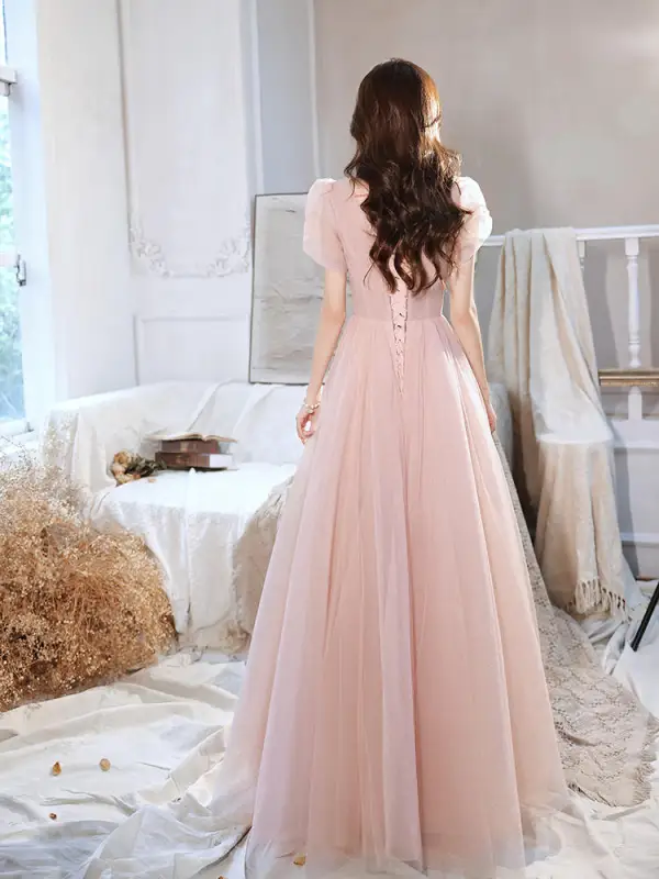 Chic / Beautiful Blushing Pink Beading Appliques Evening Dresses 2022 A-Line / Princess Scoop Neck Short Sleeve Backless Floor-Length / Long Prom Formal Dresses