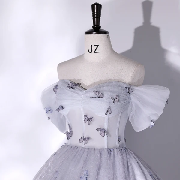 Chic / Beautiful Grey Butterfly Prom Dresses 2022 Ball Gown Off-The-Shoulder Short Sleeve Backless Floor-Length / Long Prom Formal Dresses
