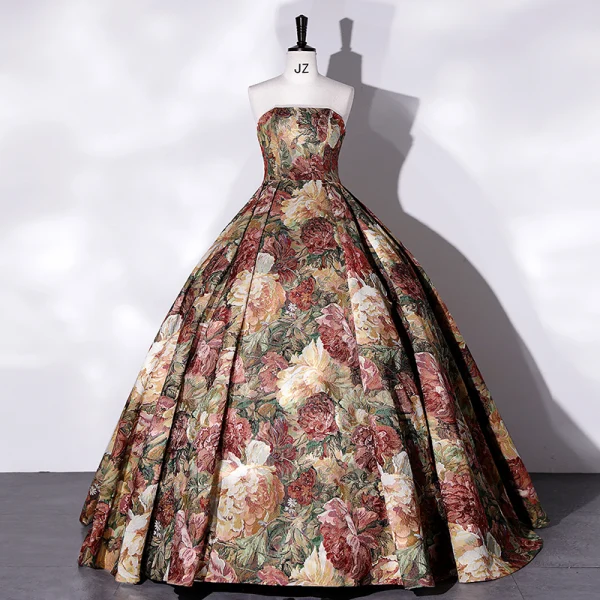 Vintage / Retro Multi-Colors Satin Printing Prom Dresses 2022 Ball Gown Strapless Sleeveless Backless Floor-Length / Long Formal Dresses