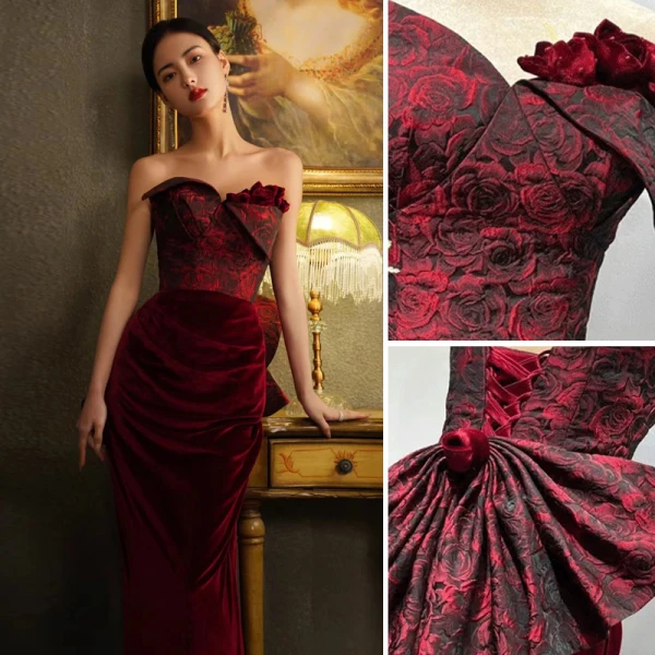 Sexy Burgundy Suede Evening Dresses 2023 Trumpet / Mermaid Strapless Sleeveless Backless Bow Floor-Length / Long Evening Party Formal Dresses