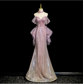 Charmant Rougissant Rose Paillettes Appliques Robe De Bal 2025 Trompette Sirène De L Épaule Manches Courtes Dos Nu Longue Robe De Ceremonie
