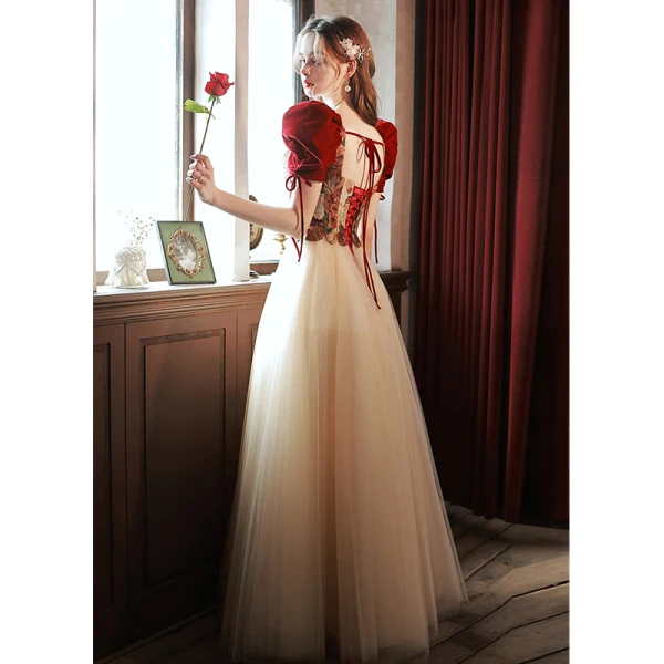 Elegant Burgundy Prom Dresses 2022 A-Line / Princess Square Neckline Beading Puffy Short Sleeve Backless Bow Floor-Length / Long Prom Formal Dresses