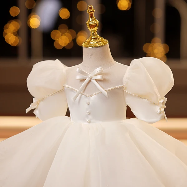Elegant Beige Pearl Bow Birthday Flower Girl Dresses 2022 Ball Gown Scoop Neck Puffy Short Sleeve Short Flower Girl Dresses